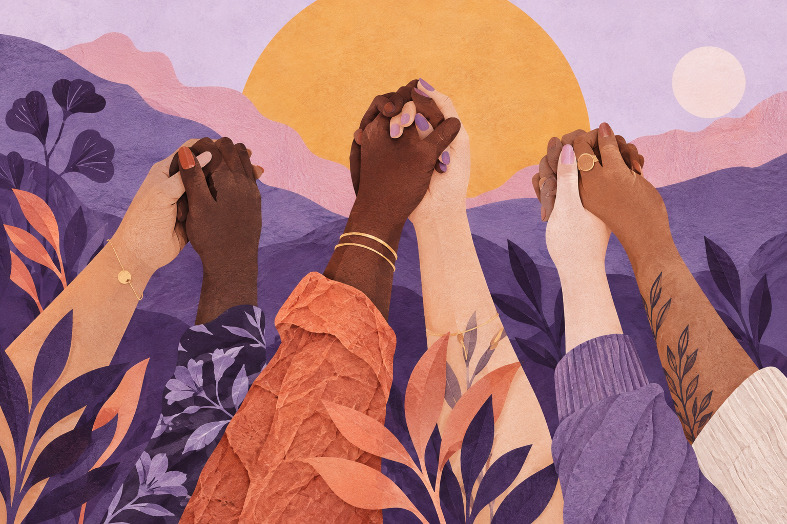 diverse adult women's hands raised together in solidarity, elegant cut-paper illustration violet coral and warm ochre, no slogans
